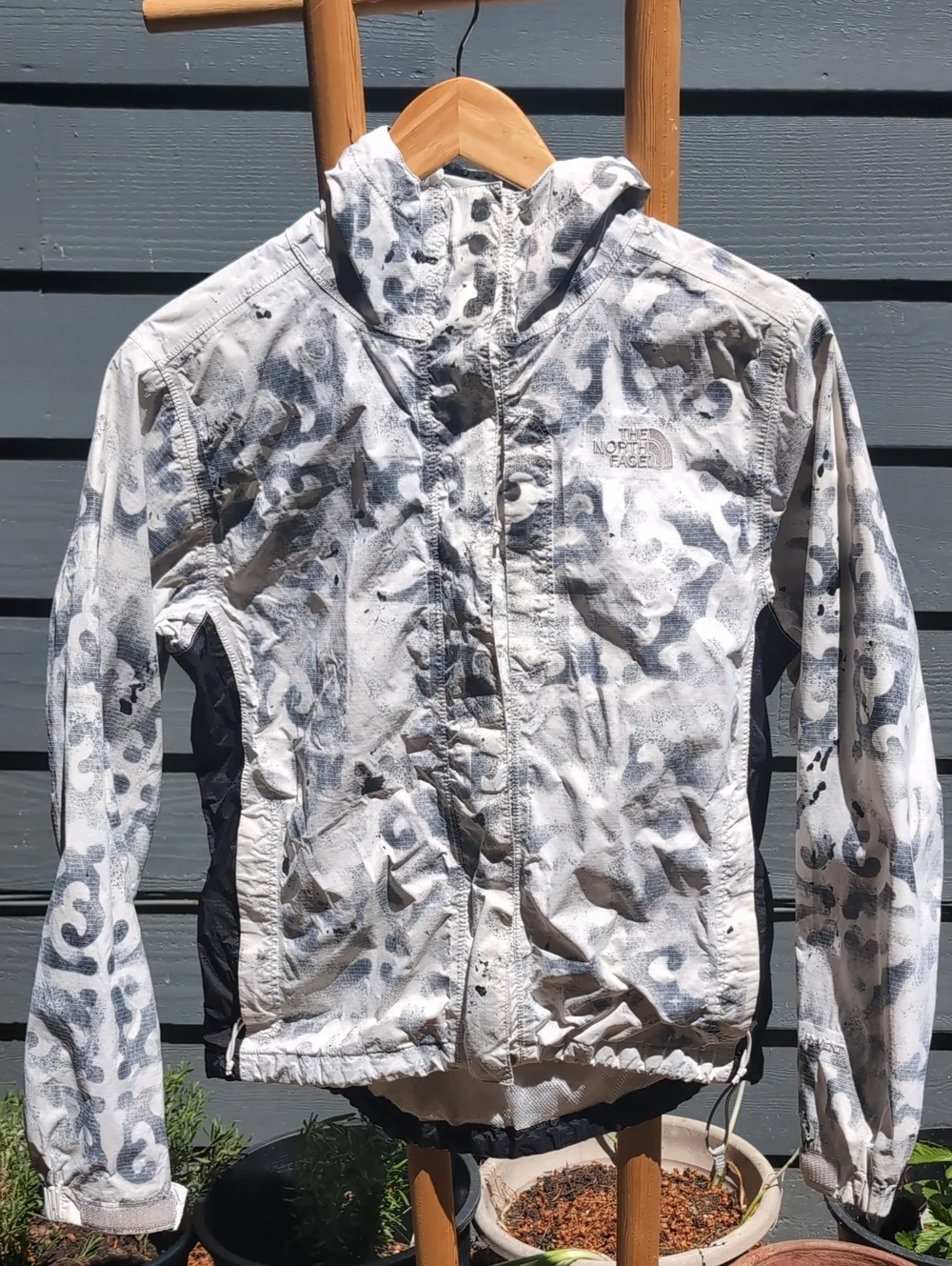 Custom Gorpcore The North Face White and Gray Patterned Hooded Snow Rain Jacket